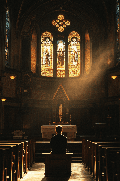 Person praying in church seeking refuge during severe panic attack