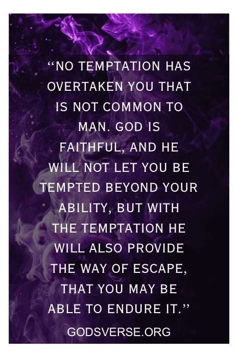 Dark purple background: 'No temptation has overtaken you that is not common to man' — Bible verses about lust from GodsVerse.org
