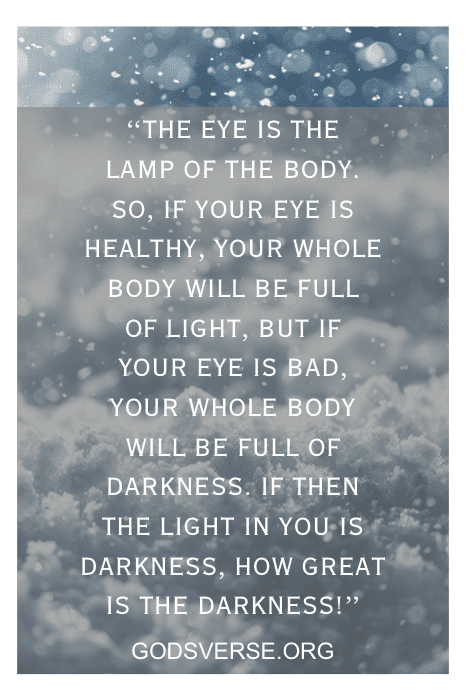 Snowy background: 'The eye is the lamp of the body' — Matthew 6:22-23, Bible verses about lust from GodsVerse.org
